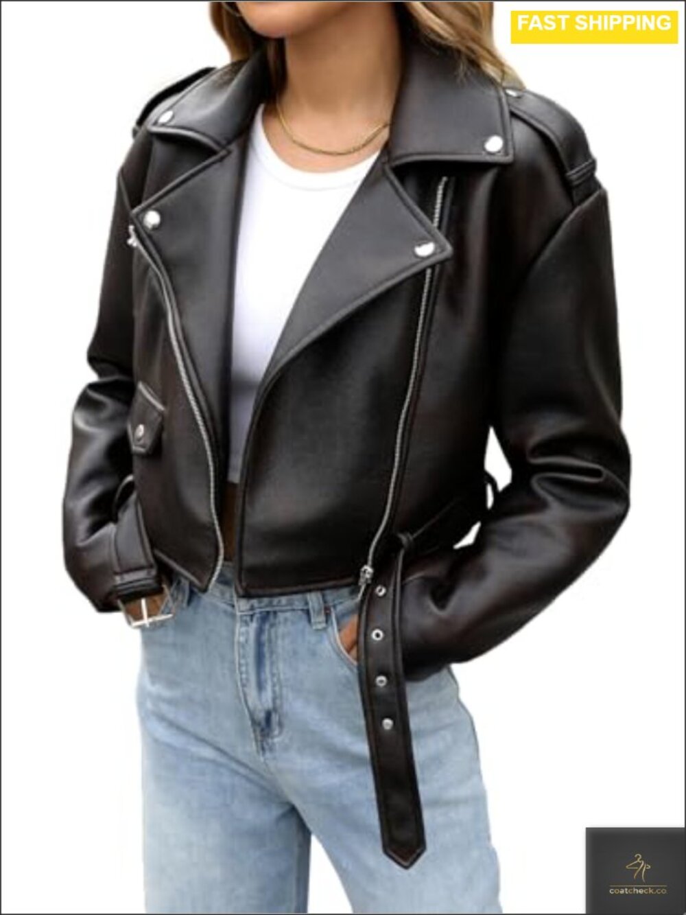 Faux Leather Cropped Moto Biker Jacket Vegan Belt
